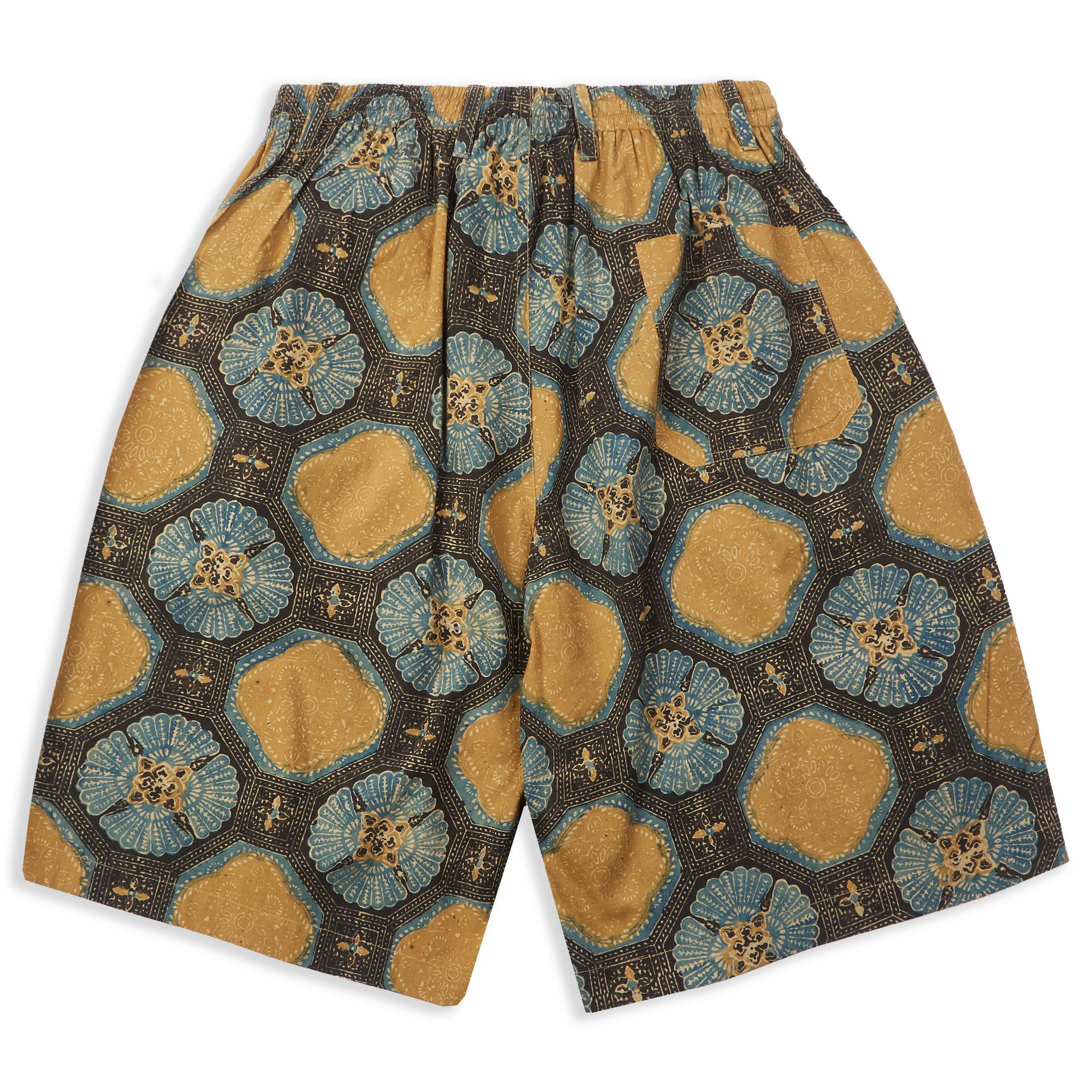 Back view of Milo Drawstring Shorts by Kardo showcasing Ajrakh print pattern.