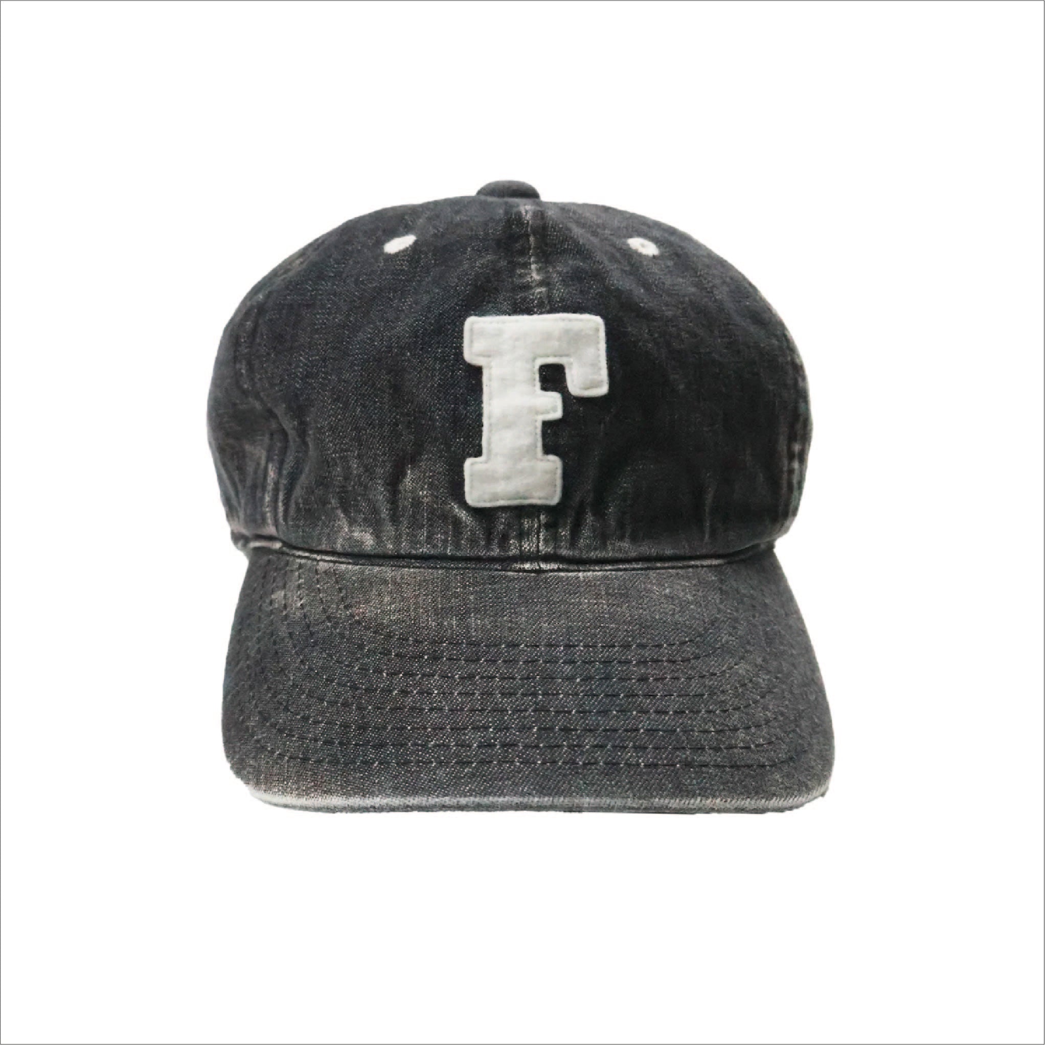 6843 Six Panel Denim Baseball Cap 'F' Patch - Black Vintage Wash