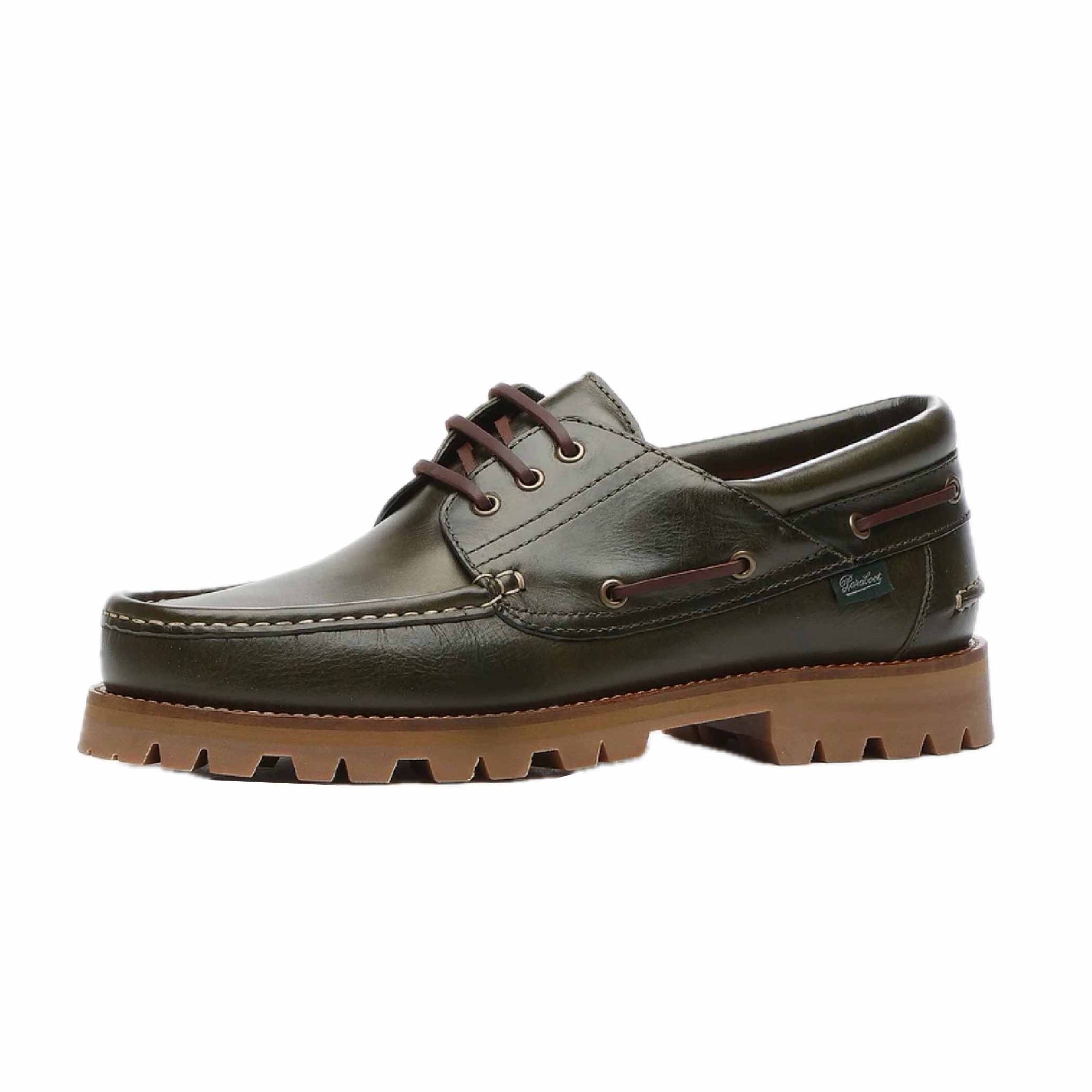 Detail of the Paraboot Briac - Lisse Vert showcasing Norwegian welt construction.