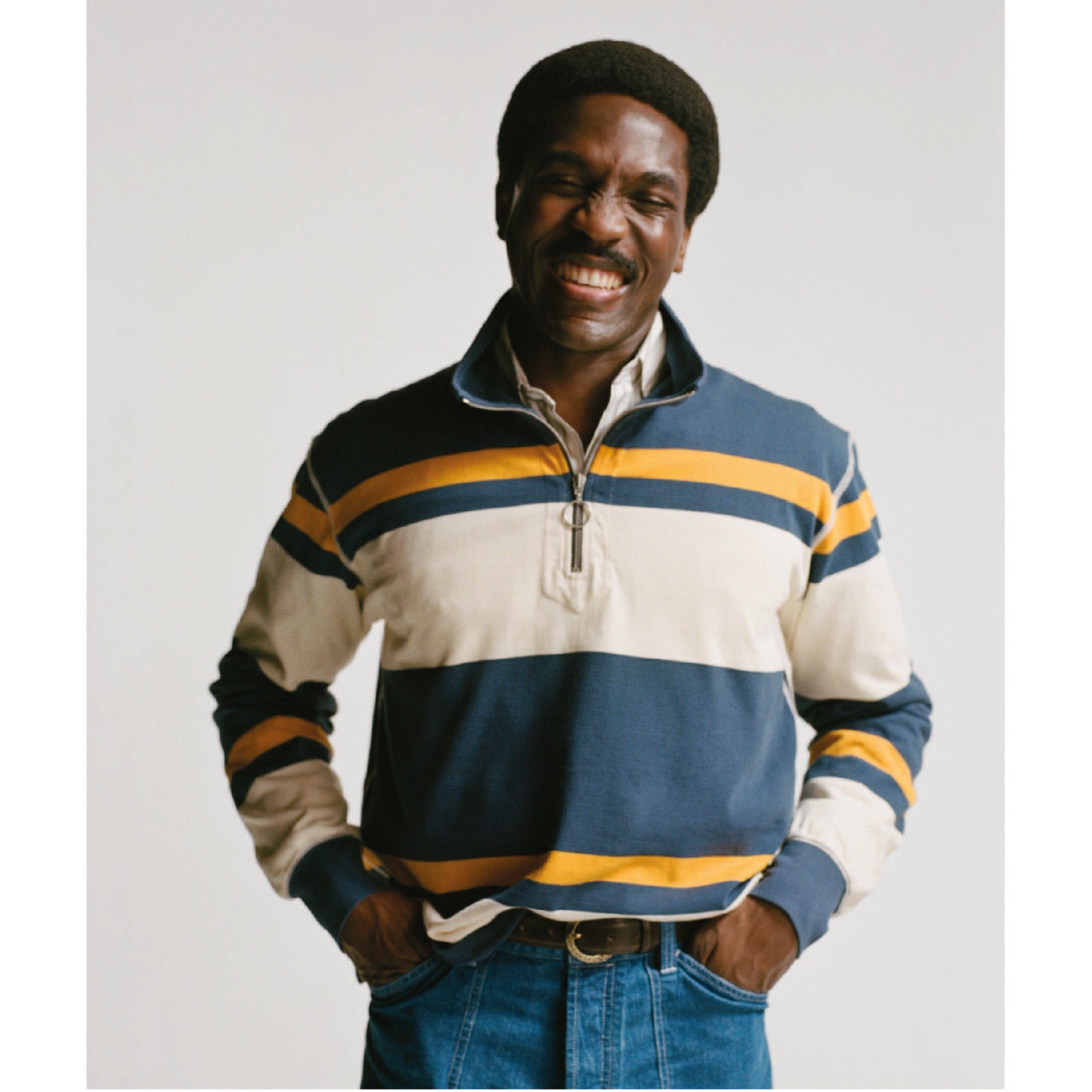 Stripe Quarter Zip Rugby Shirt - Ecru, Navy & Yellow