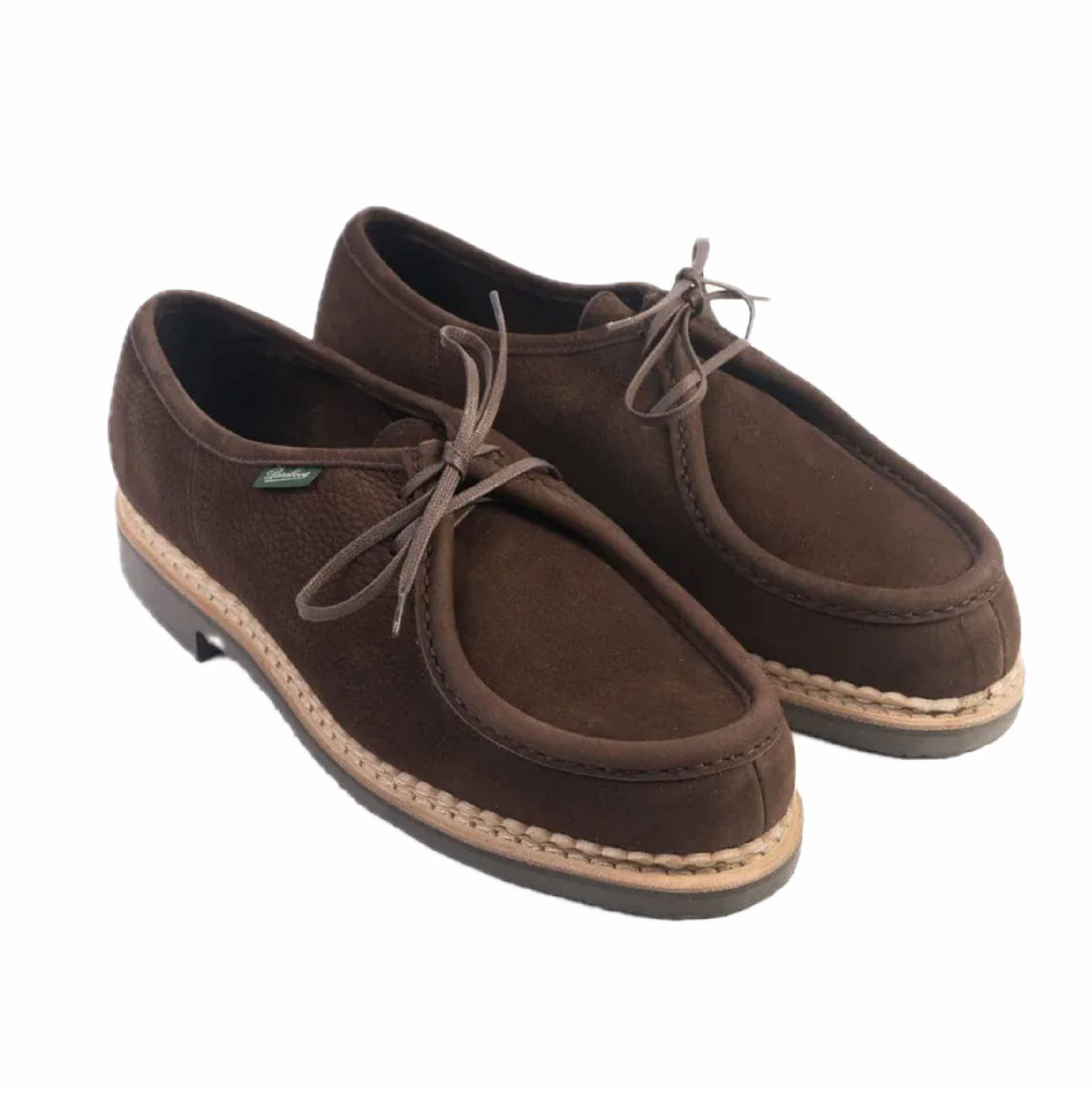 Side view of Paraboot Micka shoe in Taurillon Nubuck Chocolate material.