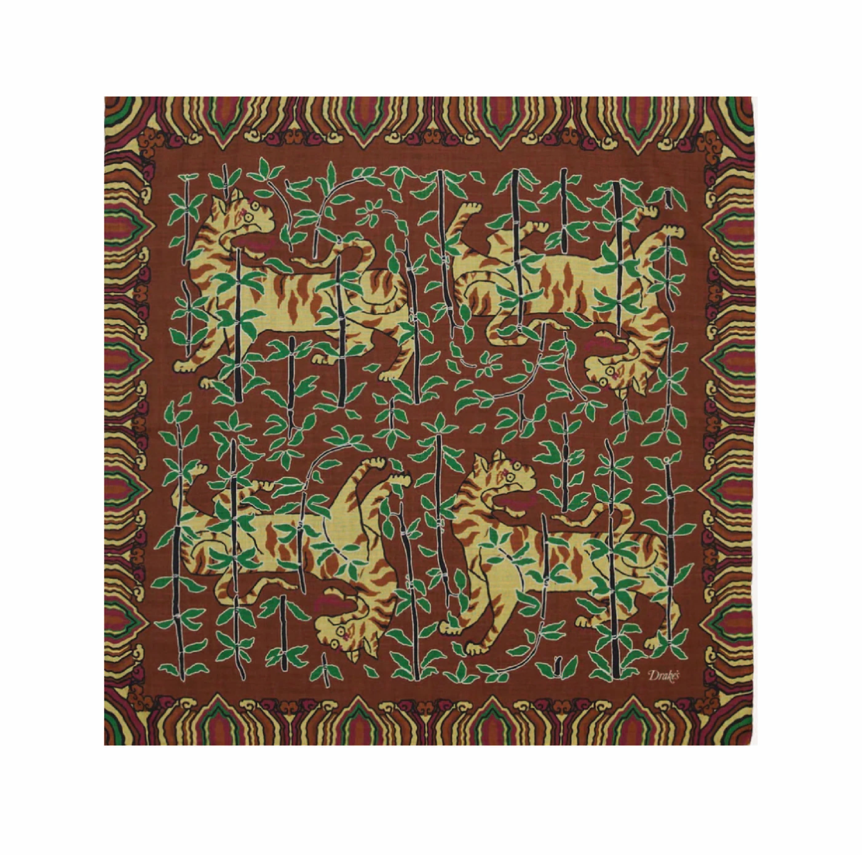 Brown Tigers Print Wool-Silk Bandana
