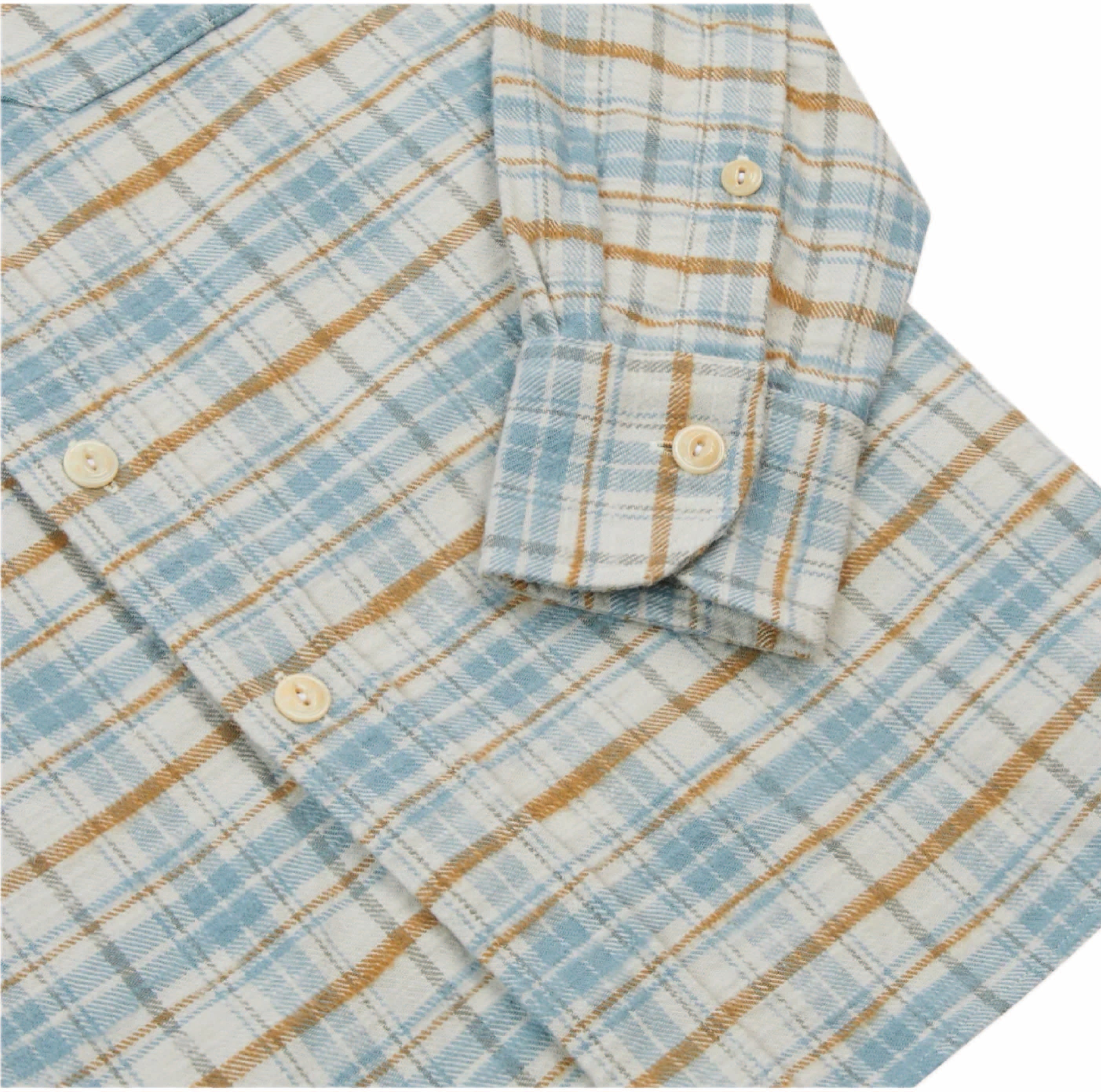 Ecru and Blue Check Cotton Two-Pocket Work Shirt