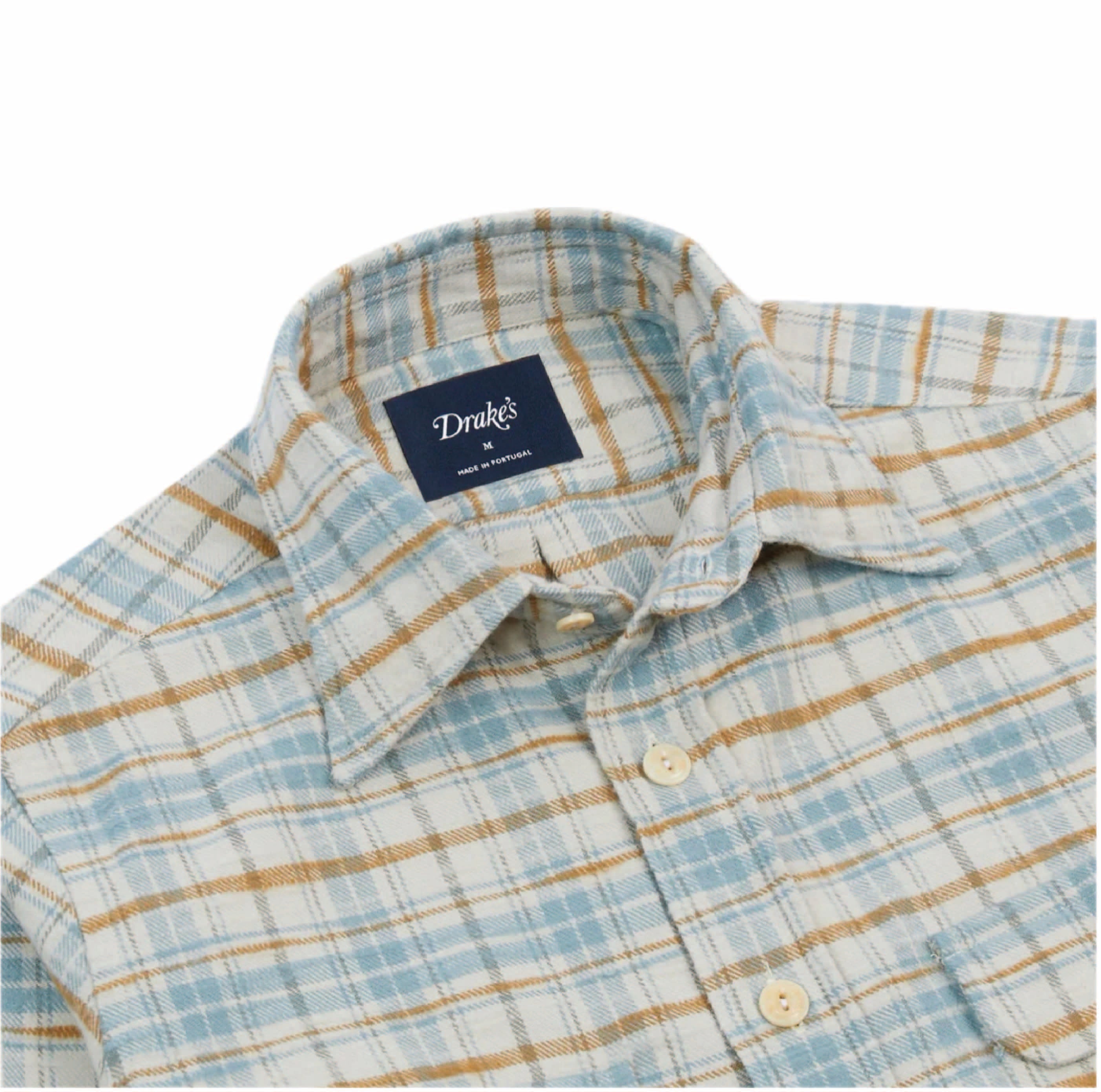Ecru and Blue Check Cotton Two-Pocket Work Shirt