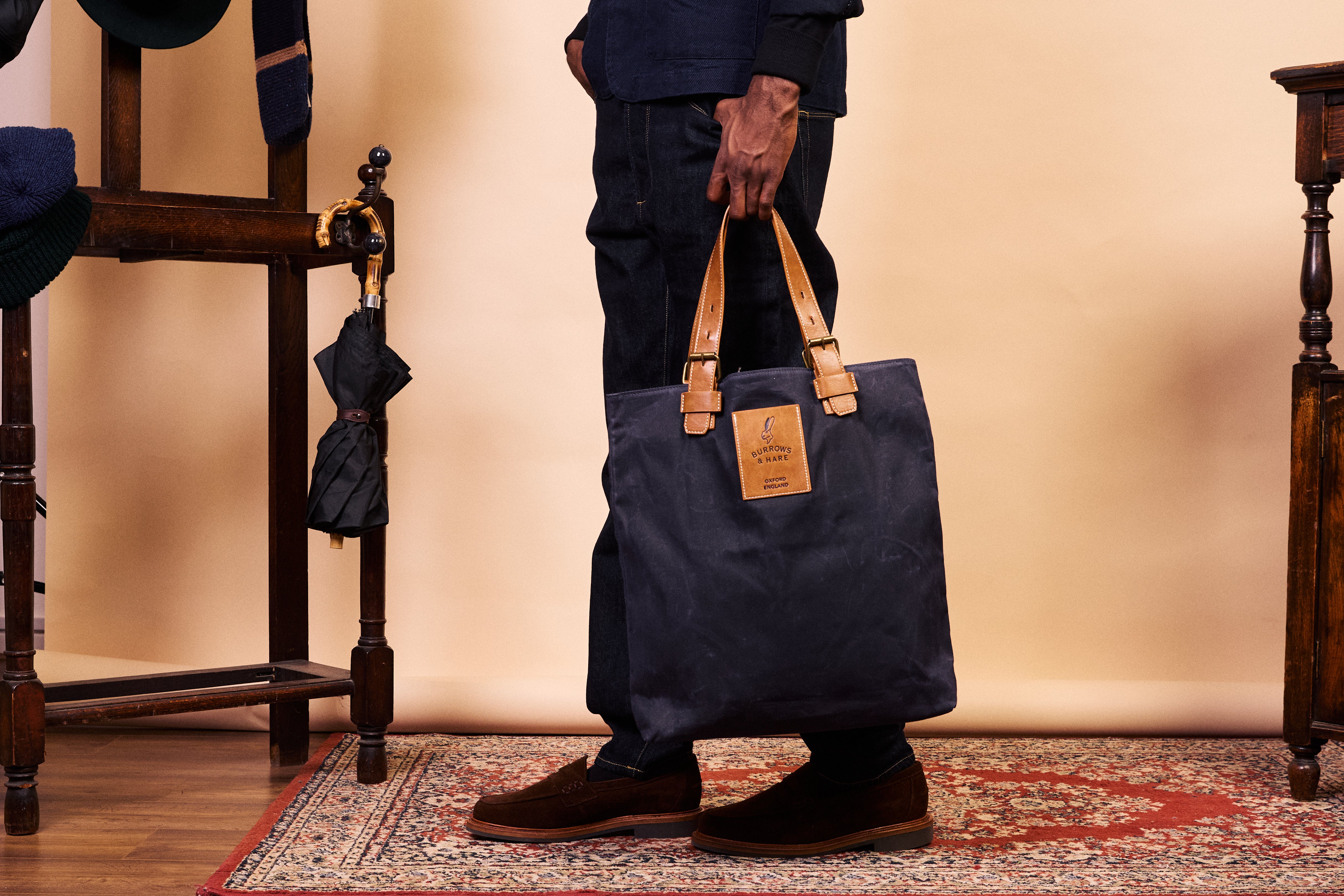 Waxed Cotton Canvas Tote Bag - Navy