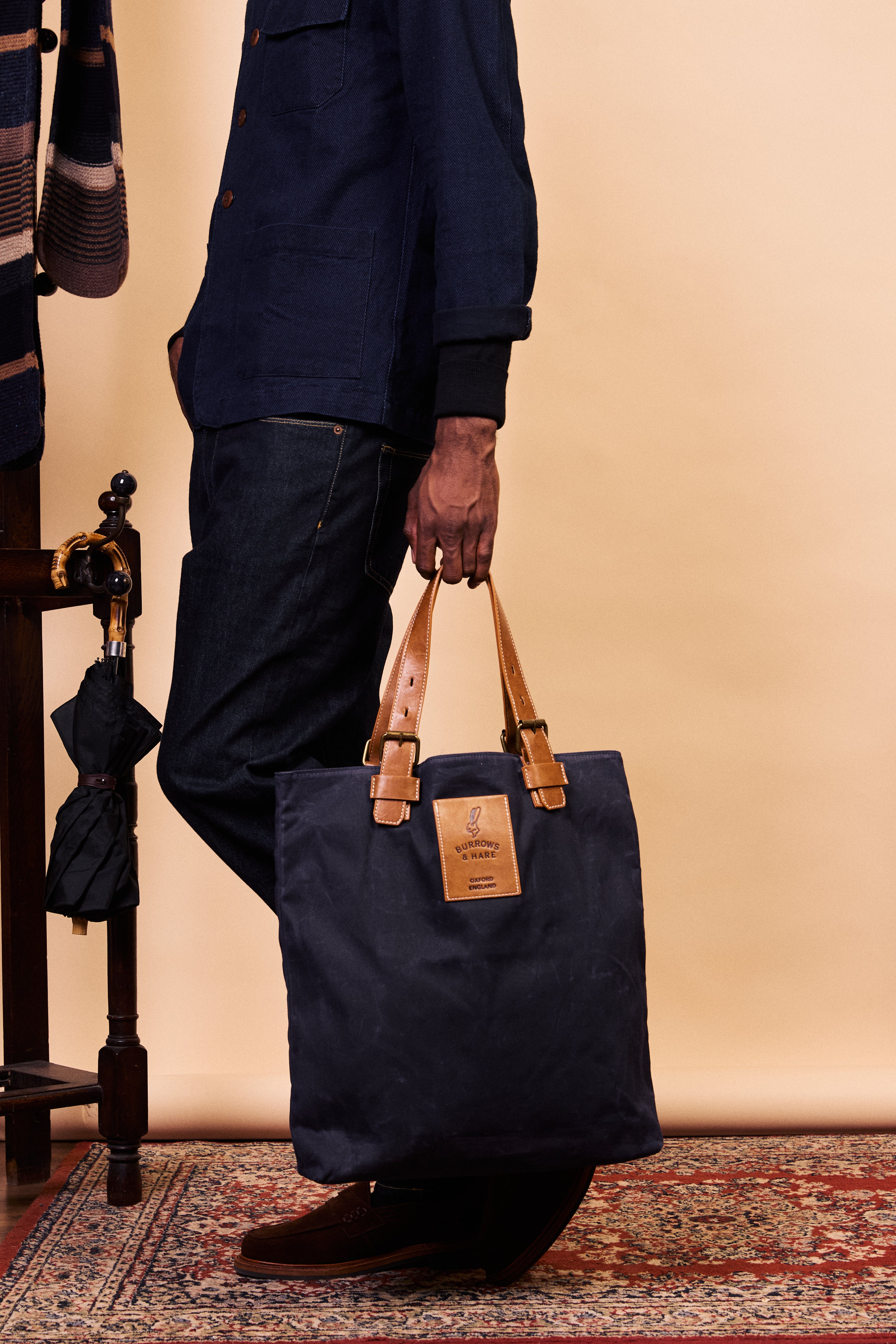 Waxed Cotton Canvas Tote Bag - Navy