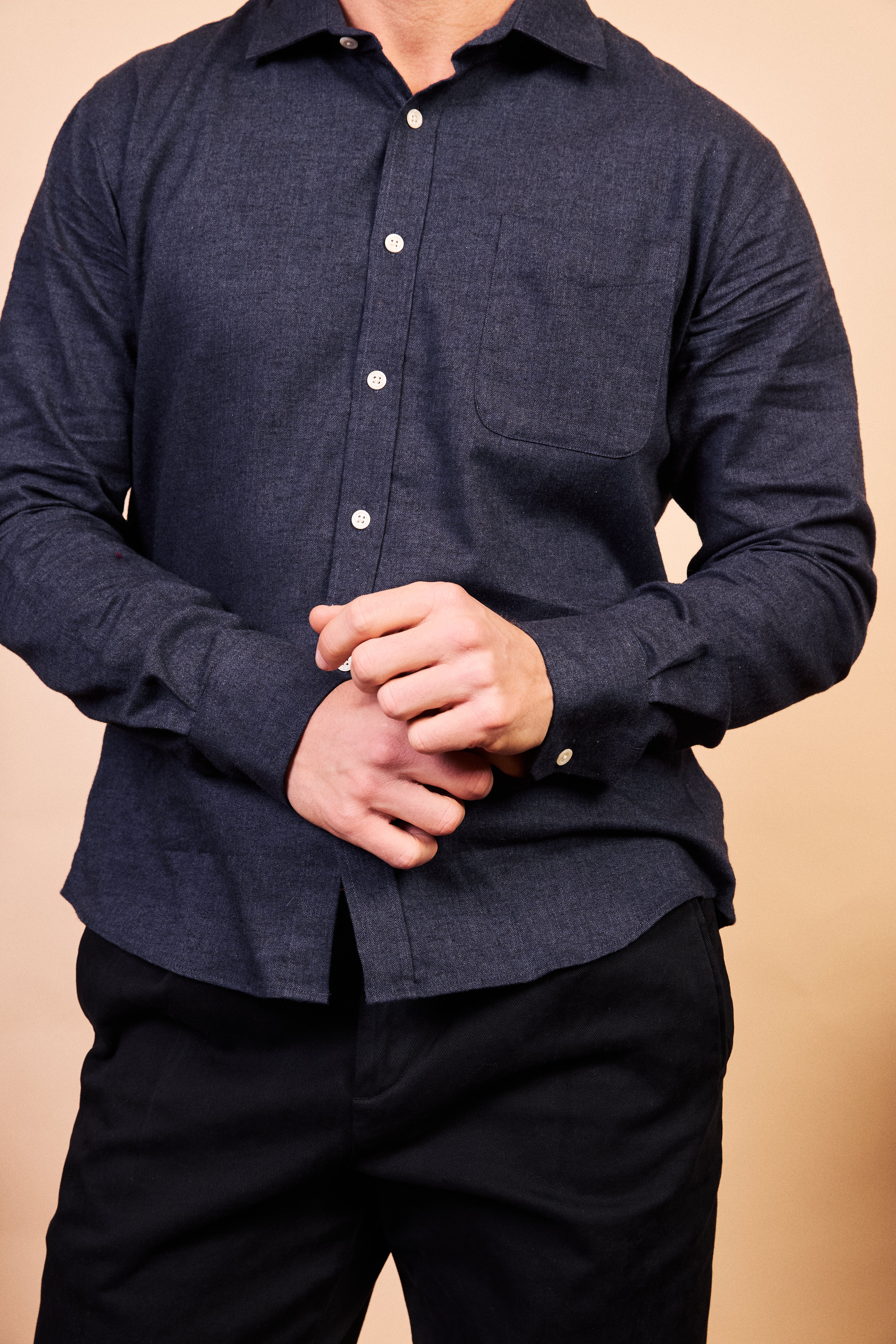 Classic Cotton Shirt - Navy Herringbone