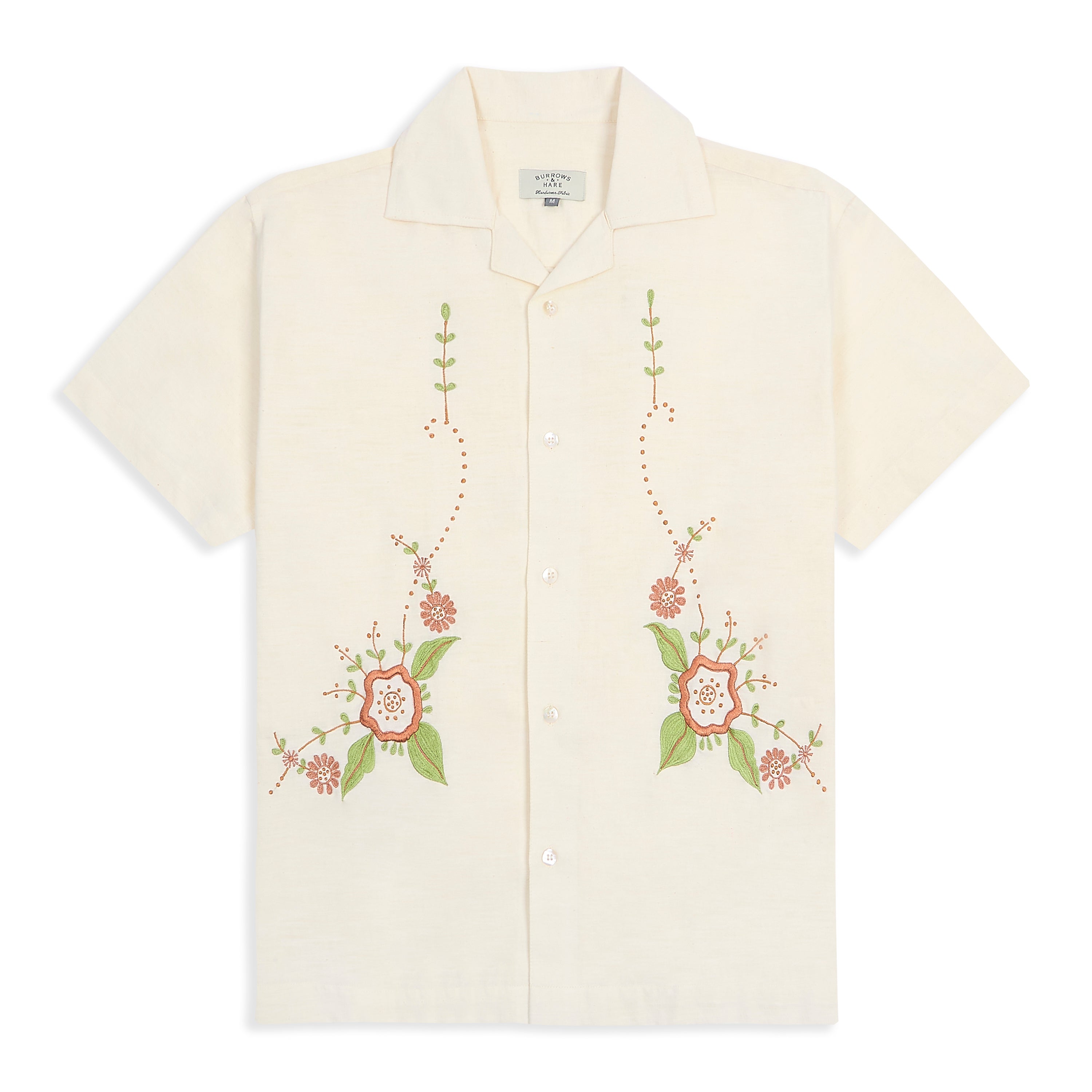Khadi Short Sleeve Shirt - Ecru Floral Embroidery