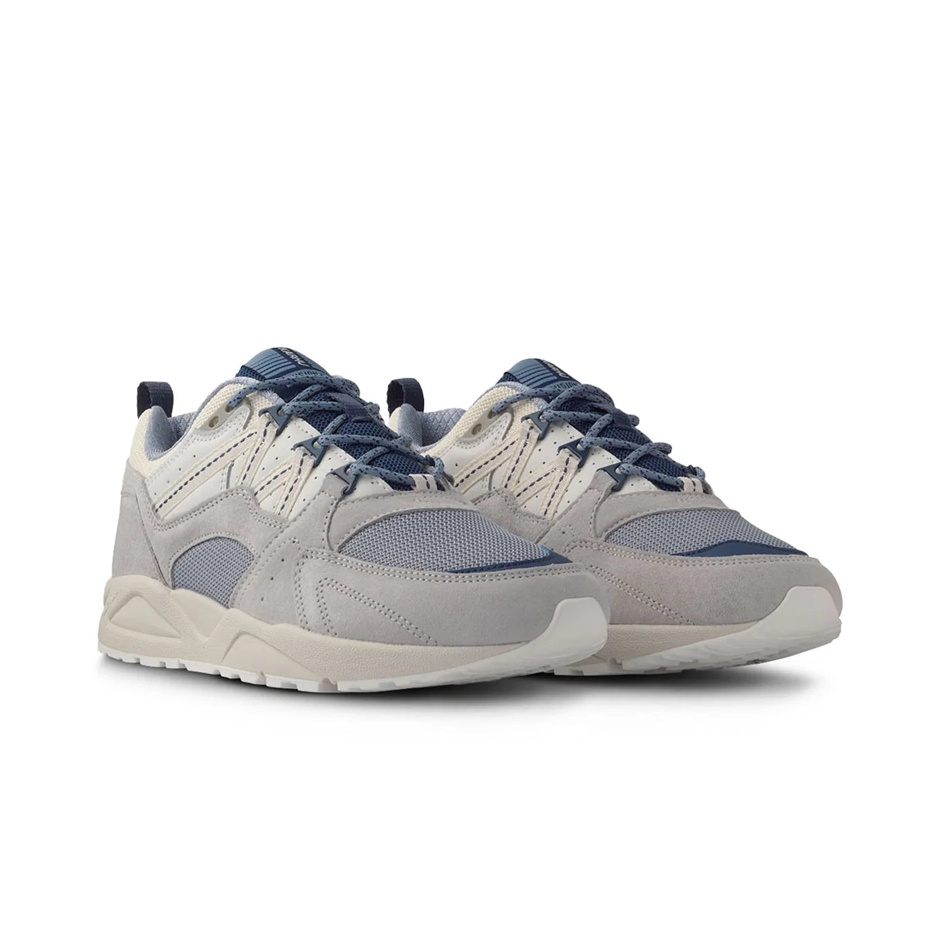 Side view of Karhu Fusion 2.0 Trainer in blue suede and mesh, showcasing design details.