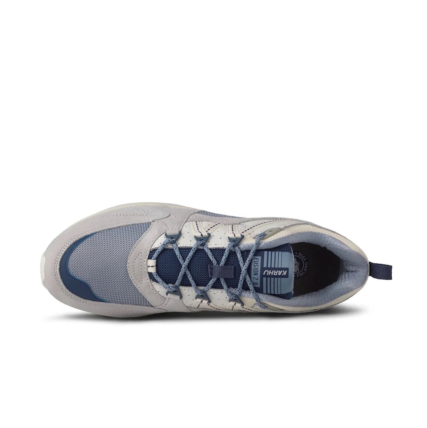 Close-up of the heel on Karhu's Fusion 2.0 Trainer, displaying the embroidered M-logo.