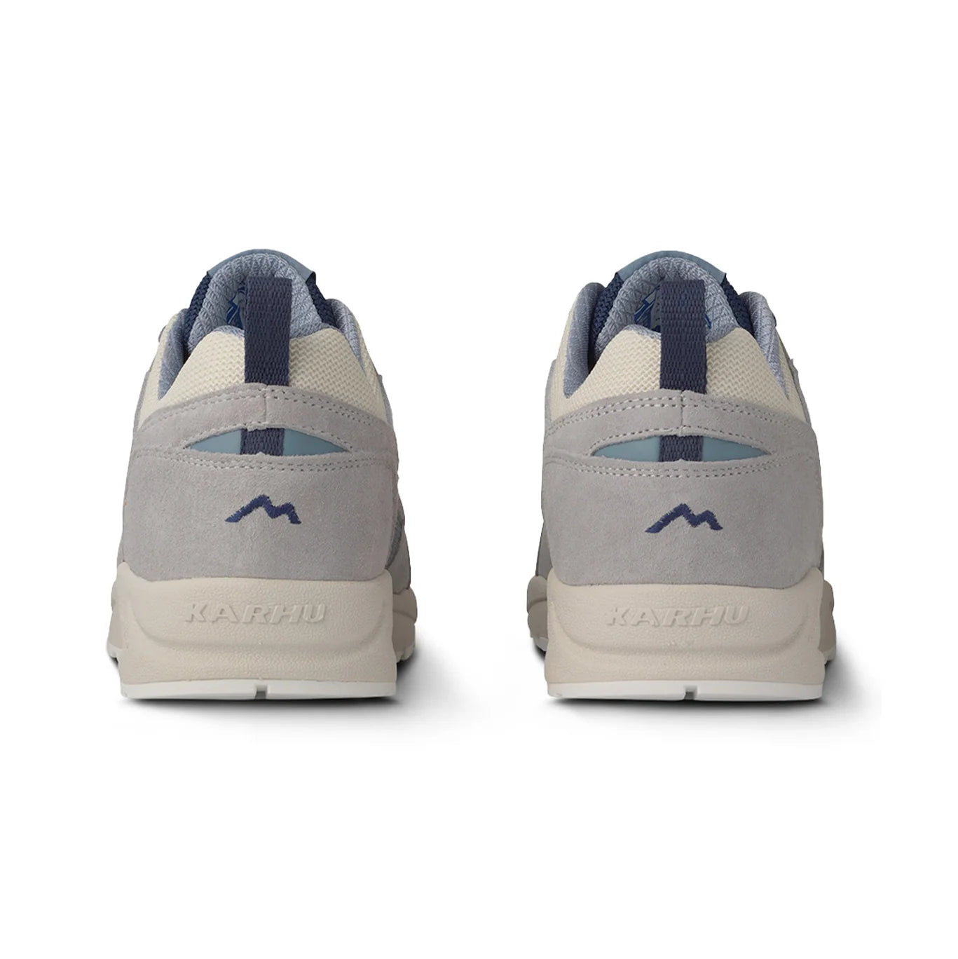 Top angle of the Fusion 2.0 Trainer by Karhu in blue, highlighting rope laces and mesh panels.