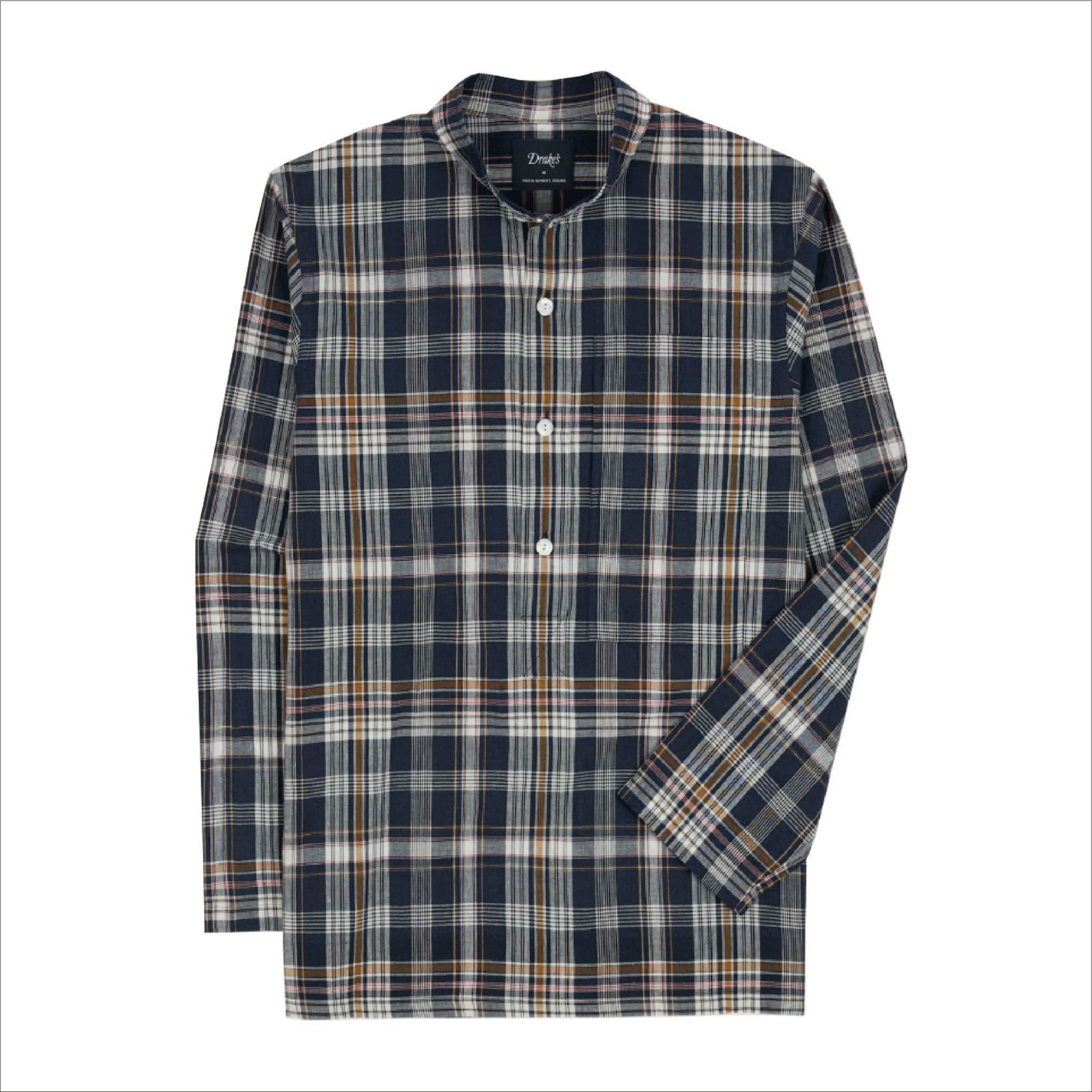 Madras Check Cotton Mandarin Collar Popover Shirt - Navy, White & Yellow