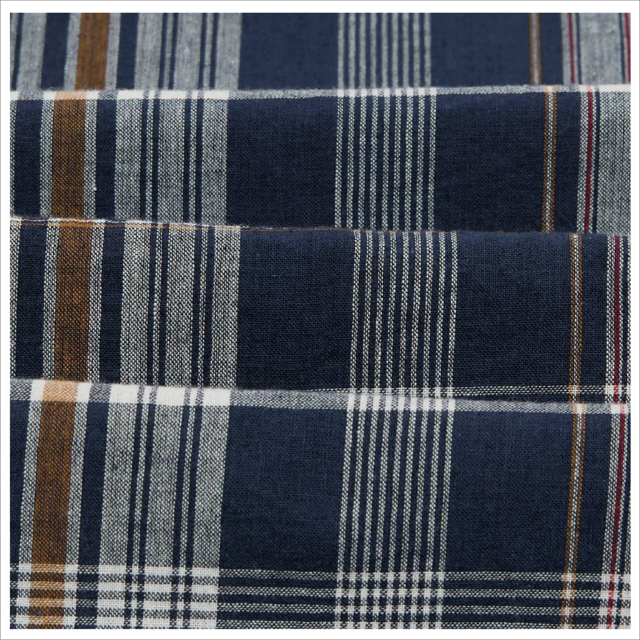 Madras Check Cotton Mandarin Collar Popover Shirt - Navy, White & Yellow