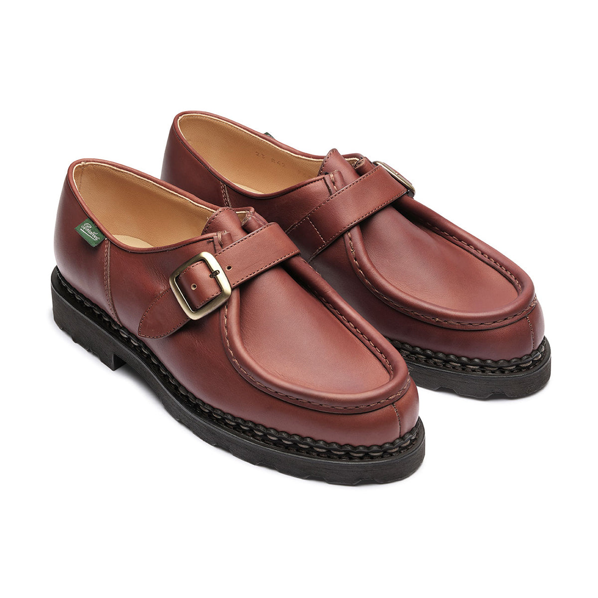 Detailed view of Paraboot's Michael Bride Shoe in Lisse Marron leather.