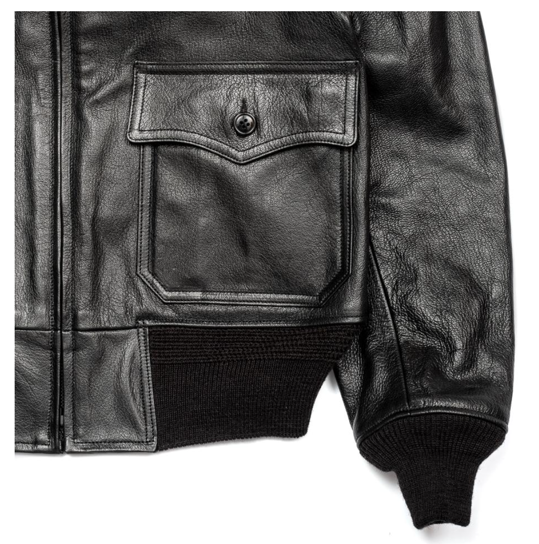Side view of Buzz Rickson's Black AN6552 Goatskin jacket, a statement piece in black.