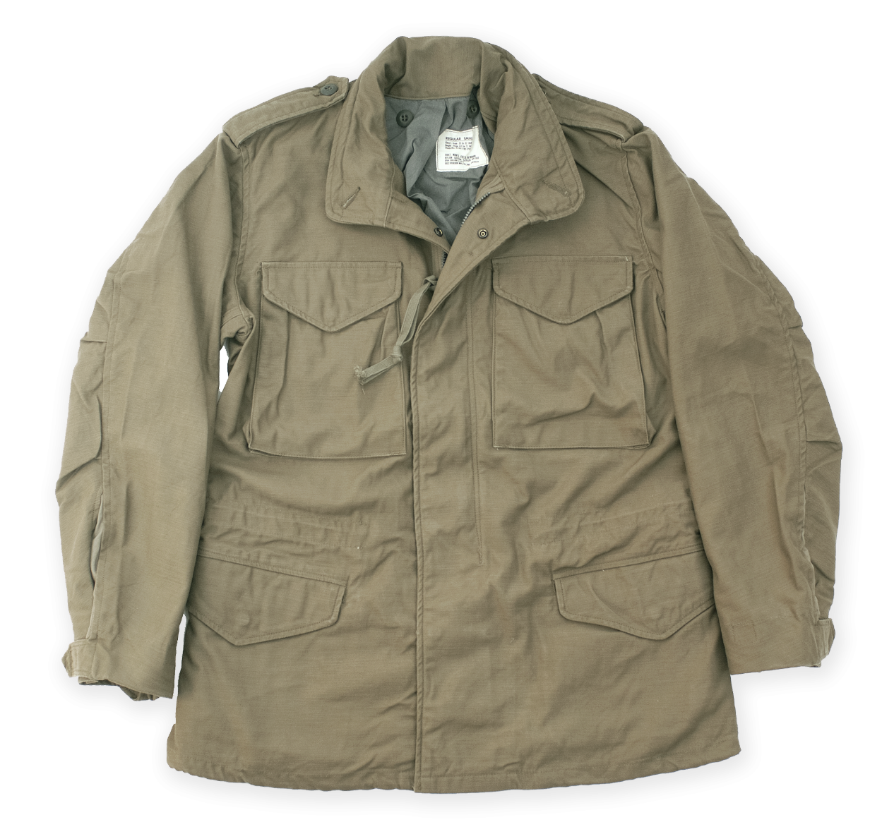 Buzz Rickson's Type M-65 Combat Jacket in Olive Drab, heavy cotton material.