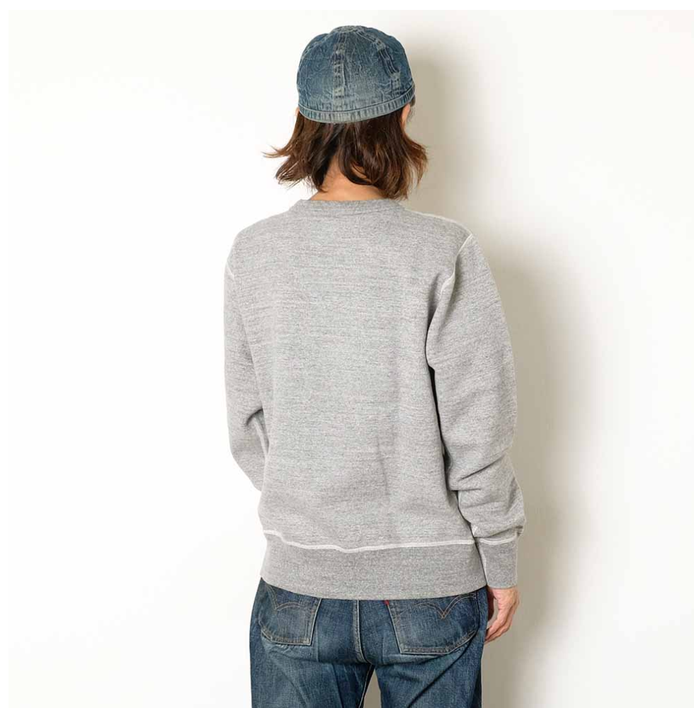 Close-up of Buzz Rickson's sweater featuring US military graphics, heather grey cotton.