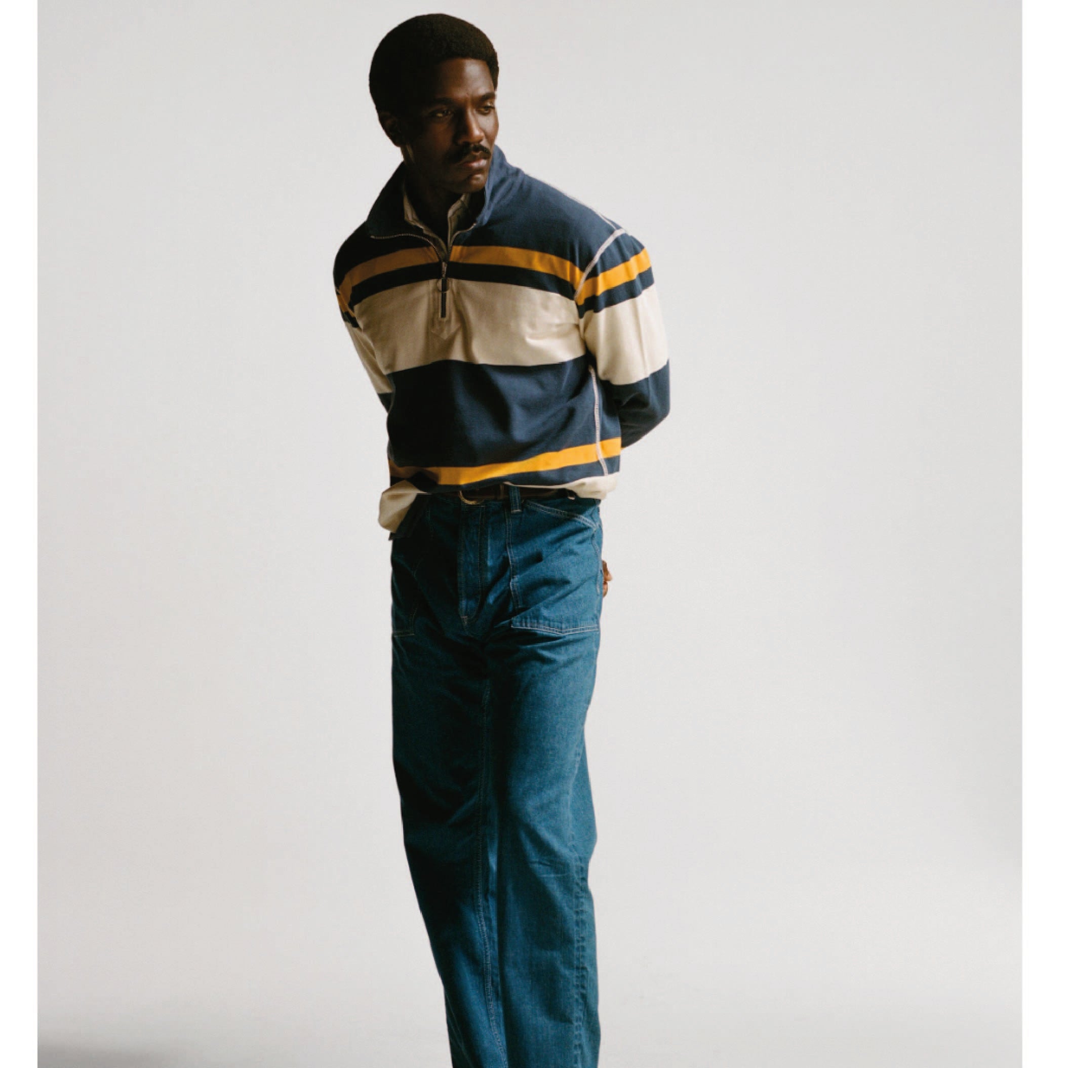 Stripe Quarter Zip Rugby Shirt - Ecru, Navy & Yellow