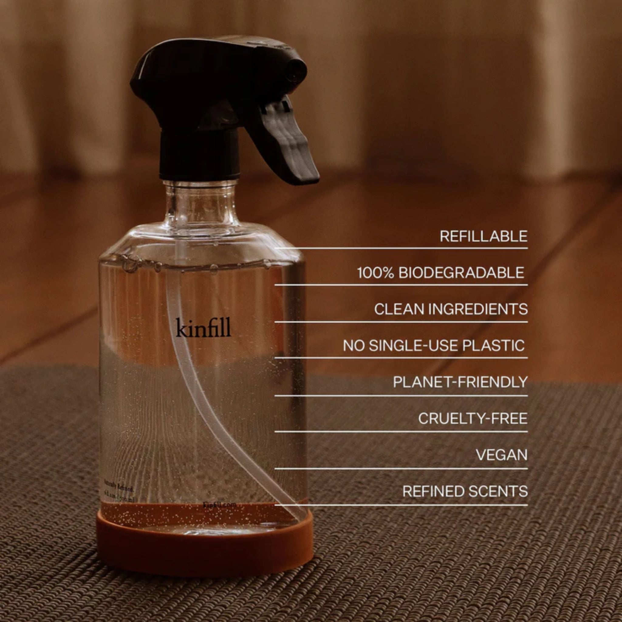 Kinfill Floor Cleaner Refills showcasing Ambrette with eco-friendly concentrate vials.