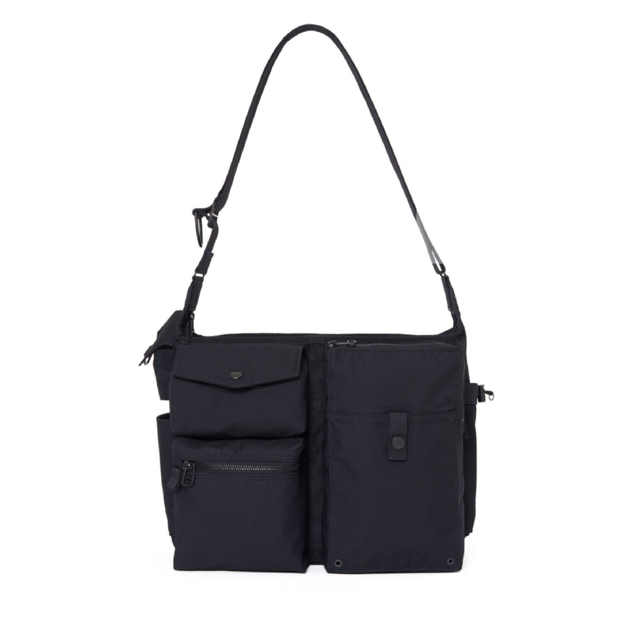 POTR / Porter Yoshida & Co. Dissection Shoulder Bag in black — front view showing organised pocket layout and TC ripstop construction
