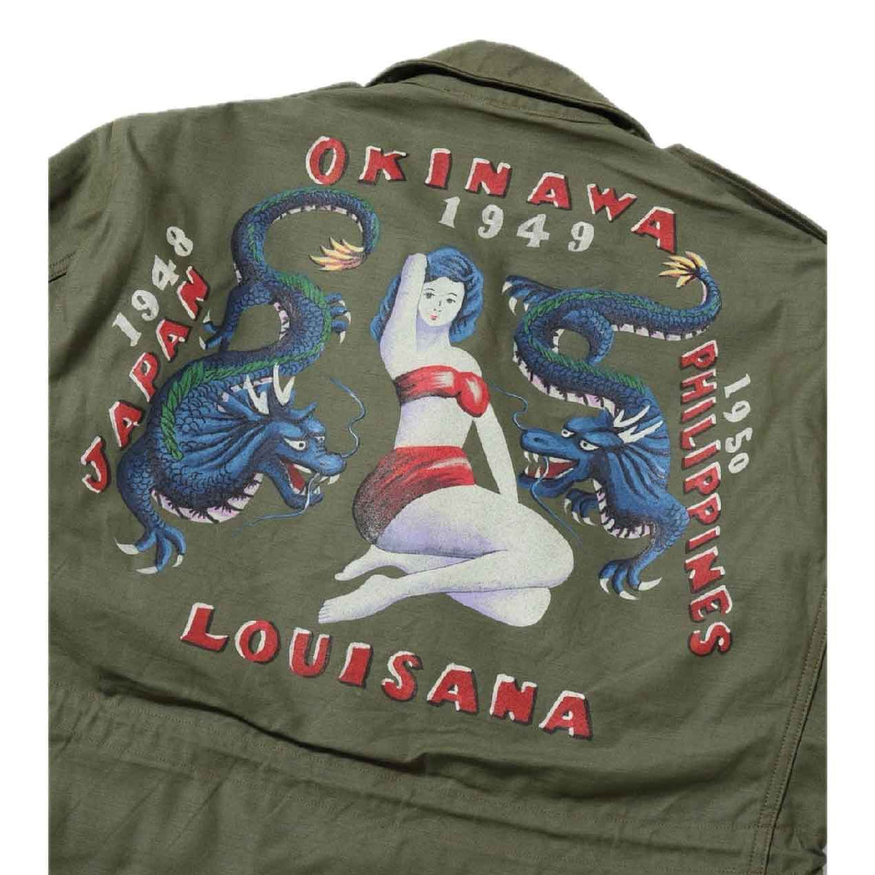 Back view of Jacket Field M-1943 by Buzz Rickson's in cotton twill with custom art.