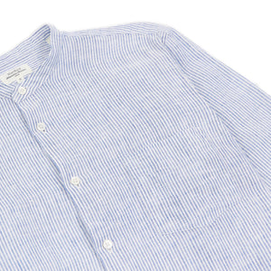 Hartford Premium Grandad Linen Stripe Shirt - Blue