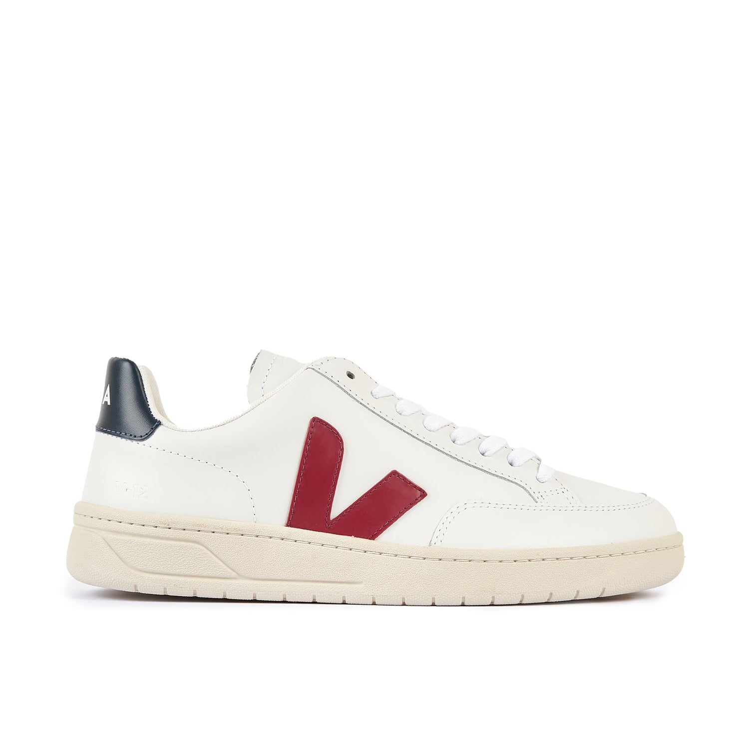 Veja V-12 Leather Trainer - Extra White / Marsala / Nautico - Burrows and Hare